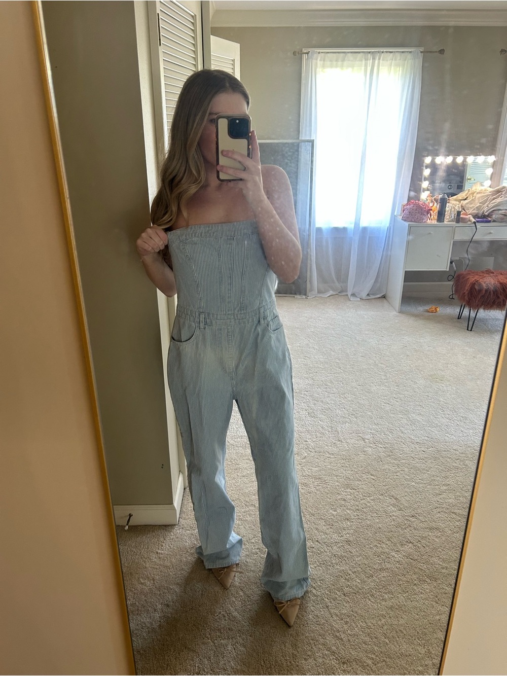 Pretty Little Thing Strapless Light Wash Pinstripe Denim Jumpsuit